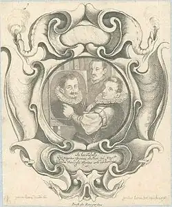 Teigwerkkartusche Hans von Aachen malt Paulus van Vianen mit Adriaen de Vries im Hintergrund. Kupferstich, um 1630–1650