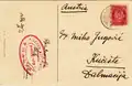 Postkarte mit rotem ovalen Schiffsstempel „Piroscafo Thalia“ (1912) (s/w Postkarte Geiranger Fjord, Rückseite)[85]