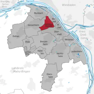 Lage des Stadtteils Mainz-Hartenberg-Münchfeld (anklickbare Karte)