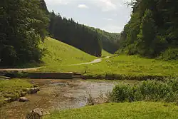 Talansicht des Hasentals bei Wiesensteig auf der Schwäbischen Alb mit Quellbereich der Fils und bewaldeten Hängen im Hintergrund.