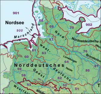 Der Westteil des Norddeutschen Tieflandes mit der Lüneburger Heide (64), deren zentral diagonalen Höhenzug die Hohe Heide einnimmt