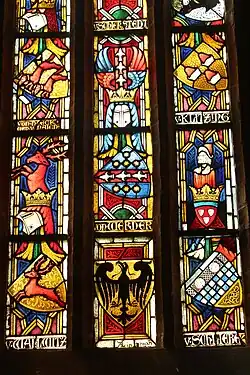 Bleiglasfenster m. Wappen d. v. Wallwitz (unt. links). Original 1898. Dom St. Marien Havelberg.