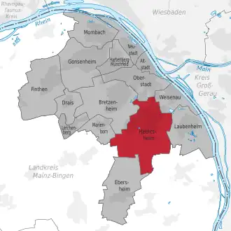 Lage des Stadtteils Mainz-Hechtsheim (anklickbare Karte)