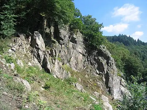 Durch Erosion des Neckars erschlossenes Grund­gebirge: Granit-Klippe Russenstein am Haarlaß bei Heidel­berg[13]