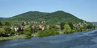 Die zwei Gipfel des Heiligenbergs neckaraufwärts gesehen, im Vordergrund Neuenheim