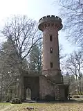 Blick vom Ostrand des Stephansklosters westsüdwestwärts zum Heiligenbergturm