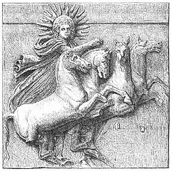 Helios-Metope: Helios mit Strahlenkranz taucht mit seinem Viergespann aus dem Meer auf