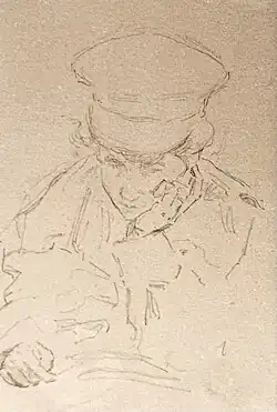Lesender Reisender während einer Bahnfahrt in Amerika, Hermann Heller, 1903, Bleistift / Papier, 23 × 14&nbsp;cm.