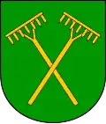 Gekreuzte Rechen im Wappen von Helvíkovice, Tschechien