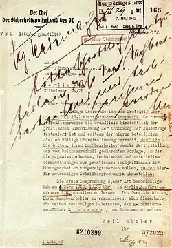 Begleitschreiben Reinhard Heydrichs an Unterstaatssekretär Martin Luther (26. Februar 1942) zur Übersendung des Protokolls der Wannseekonferenz