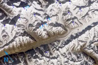 Satellitenbild vom Hispar Muztagh; Khani-Basa-Gletscher (H).