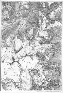 Historische AV-Karte Fuscher Kamm, 1891 – die Hochalm Mooserboden mit Almhüttengruppe, und mächtige Vergletscherung der ganzen Glocknergruppe