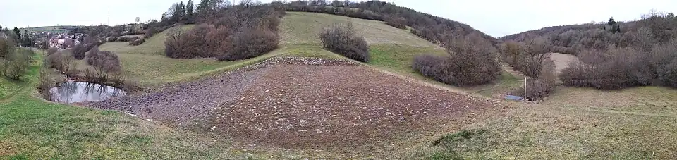 Das Naturschutzgebiet entlang des Wollenbachs. Vorne der Hochwasserrückhaltedamm für Hausen (links im Bild)