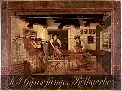 Gerberwerkstatt in Liestal; zwei Gerber mit Pfeife im Mund. Holzschild, um 1820