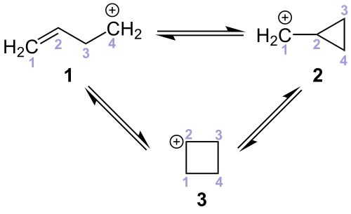 Umlagerungen zwischen einem Homoallyl-Carbeniumion (1), einem Cyclopropan-Carbeniumion (2) und einem Cyclobutan-Carbeniumion (3)