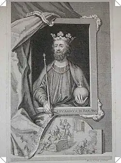 Darstellung von Edward II., die untere Szene spielt auf die Art seiner Ermordung an
