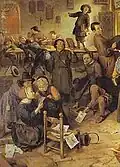 Ausschnitt aus Die Dorfschule von Jan Steen (um 1670). Das Kind links trägt eine Buchstabentafel am Gürtel seines Rocks.