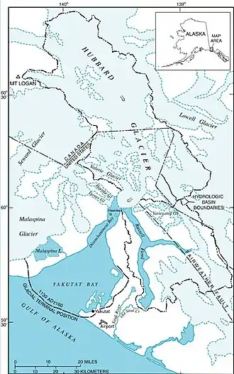 Karte der Yakutat Bay mit der Disenchantment Bay im Nordosten