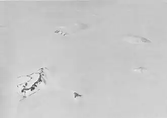 Südlicher Teil des Hudson-Gebirges mit dem Webber-Nunatak links unten (Satellitenbild von Westen)