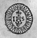 IHS mit Strahlenkranz, Kreuz, Herz und drei Kreuznägeln (Rom 1650)