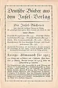 Deutsche Bücher aus dem Insel-Verlag (1915) mit einer Auswahl an kriegsbezogenen IB-Titeln