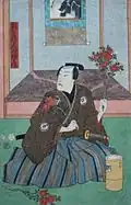 Samurai beim Blumenarrangieren, Ausschnitt aus einem Kabuki Farbholzschnitt, 1854, von Toyokuni III.