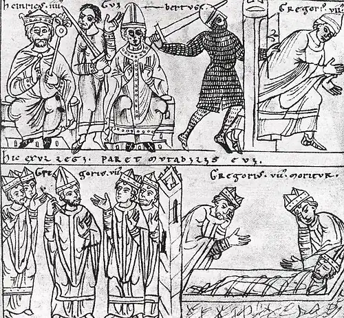 Heinrich IV. mit Gegenpapst Clemens III. (oben links). Die Flucht (oben rechts) und der Tod von Gregor VII. (unten rechts). Illustration aus dem 12. Jahrhundert