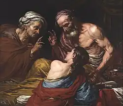 Giovanni Battista Langetti: Isaak segnet Jakob, 1660–1675, Öl auf Leinwand, 126 × 109&nbsp;cm, Brukenthal-Museum, Sibiu/Hermannstadt (Rumänien)