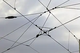 Fahrleitungs­kreu­zung zwischen Straßen­bahn und Eisen­bahn mit Kreuz­klemme in Mark­klee­berg