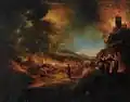 Lot flieht mit seinen Töchtern aus dem brennenden Sodom