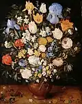 Blumenstrauß in einer Keramik-Vase, nach 1599, Öl auf Holz, 51 × 40 cm, Kunsthistorisches Museum, Wien. Eine Münze unter dem Strauß trägt das Datum 1599; ob dies als verdeckte Datierung anzusehen ist, wird kontrovers beurteilt.[38]