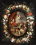 Jan Brueghel d. J. (?) & Frans Francken d. J. (?): Triumph der Flora mit Blumengirlande und Allegorien der fünf Sinne, 1620–1630, Öl auf Leinwand, 171 × 137,4 cm, in Auktion bei Sotheby’s Paris, 14. Juni 2022, Lot 45