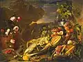 Obst und ein Topf Rosen vor einer Landschaft, sign. & dat. 1655, Öl auf Leinwand, 95 × 125 cm, Eremitage, St. Petersburg