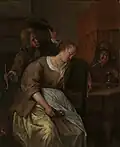 Jan Steen: Ein Mann bläst Rauch zu einer betrunkenen Frau um 1660–1665