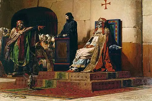 Papst Formosus und Stephan VI., Historisierende Phantasiedarstellung der Leichensynode in einem Gemälde von Jean-Paul Laurens, 1870