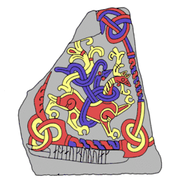 Großes Tier auf dem Runenstein König Haralds in Jelling, Jütland, Dänemark. Mammen-Stil. Umzeichnung mit mutmaßlicher originaler Farbgebung. Schwanz und Mähne laufen in Akanthusranken aus.[6]