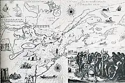 Eine Karte von 1657 bildet das Martyrium von Jean de Brébeuf und Gabriel Lalemant ab.