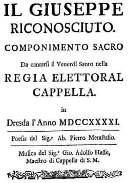 Johann Adolph Hasse – Il Giuseppe riconosciuto – Titelseite des Librettos – Dresden 1741