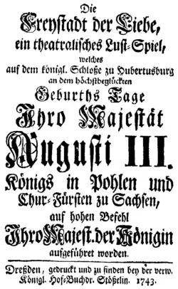 Johann Adolph Hasse – L’asilo d’Amore – Titelseite des deutschen Librettos – Hubertusburg 1743