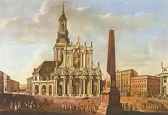 St. Nikolai (Potsdam) mit vorgeblendeter Fassade von Knobelsdorff (1771)