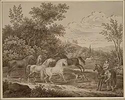 Pferdegruppe und bellender Hund, 1790er Jahre.