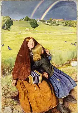 Das 1856 entstandene, hochformatige Ölgemälde zeigt ein leuchtend-gelbes Kornfeld; davor sitzen, im Bildvordergrund dem Betrachter zugewandt, zwei Mädchen. Unmittelbar hinter den Mädchen fließt ein kleiner Bach quer durchs Bild. Das Kornfeld erstreckt sich hinter dem Bächlein bis weit nach hinten und dort einen Hügel hinauf bis zu dessen Gipfel; dort stehen zwischen Bäumen die Häuser eines Dorfes. Auf dem Feld erkennt man vereinzelt Vieh und einige Krähen. Der Himmel darüber, im oberen Fünftel des Bildes, ist von gewittrigem Grau, in der Mitte auf dem Hügel entspringt ein doppelter Regenbogen, der nach oben rechts aus dem Bild herausführt. Es ist die Stimmung nach einem Gewitter. Die beiden Mädchen tragen sackartige Kleider aus grobem, an vielen Stellen verschlissenem Leinen in Braun- und Blautönen. Die links sitzende, ältere der beiden, etwa 16-jährig, ist blind. Sie hat einen kurzen, braunen Mantel zum Schutz über ihren Kopf geworfen. Darunter erkennt man ihre glatten, in der Mitte gescheitelten, roten Haare. Sie hat den Kopf emporgehoben und genießt entspannt und mit fast ganz geschlossenen Augen die warmen Sonnenstrahlen in ihrem Gesicht. Auf ihrem Schoß liegt eine kleine Ziehharmonika, um ihren Hals hängt, nur bei genauem Hinsehen erkennbar, ein kleines Schild mit der Aufschrift „PITY THE BLIND“ (etwa: „Erbarmen mit der Blinden“). Die beiden sind Bettlerinnen. Das jüngere, blonde Mädchen – vermutlich ihre Schwester – hat sich ganz dicht an die linke Seite der Älteren geschmiegt; diese hat mit ihrer Linken die Hand der kleinen Schwester ergriffen und hält sie fest. Die Jüngere hat einen Teil des Mantels auch über ihren Kopf gezogen und blickt sich ängstlich nach hinten um, wo vermutlich noch vor Kurzem Blitz und Donner grollten.
