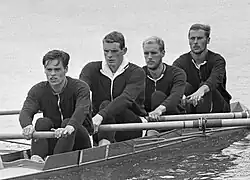 Der dänische Vierer ohne Steuermann (Olympiasieger von 1964) mit (v.&nbsp;l.&nbsp;n.&nbsp;r.): Hansen, Helmudt, Petersen und Hasløv