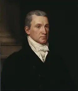 James Monroe mit einem schwarzen Anzug und einem weißen Halstuch.