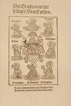 Koelhoffsche Chronik – Titelblatt mit Stadtwappen, Petrus und Kölner Heiligen