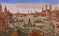 Rheinhochwasser 1784 in Köln (Stich von Johann Baptist Bergmüller, der neben Groß St. Martin auch ein paar Augsburger Bauwerke platzierte)
