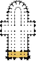 Grob schematisierter Grundriss des Kölner Domes auf Basis diverser alter Grundrisse nachgezeichnet. Westfassade und Turmhallen farblich hervorgehoben