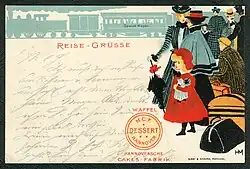 Vielfarbig gedruckte Künstlerkarte von Heinrich Mittag für Bahlsen, um 1898
