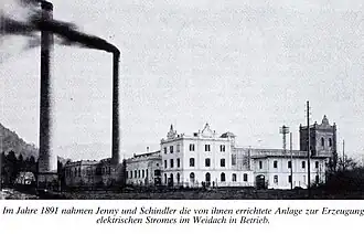 Die 1891 von den Jenny & Schindler Elektrowerken in Weidach in Betrieb genommene Anlage zur Stromerzeugung.