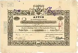 Aktie der Kaiser Ferdinands Nordbahn über 1.000 Gulden, ausgegeben in Wien am 1. Juli 1854, im Original unterschrieben von Salomon Mayer Freiherr von Rothschild als Direktor